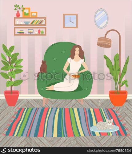 Girl sitting in armchair and eating popcorn. Cat on rug, fluffy pets. Living room cosy interior with house plants and furniture vector illustration. Girl in Armchair Living Room Cosy Interior Vector