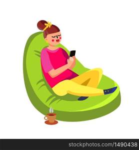 Girl Sitting In Beanbag And Using Cell Phone Vector. Happy Smiling Young Woman Sit In Beanbag With Smartphone And Coffee Cup. Character In Comfortable Fluffy Chair Flat Cartoon Illustration. Girl Sitting In Beanbag And Using Cell Phone Vector