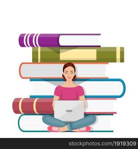 Girl sitting in front of pile of books with laptop.Concept illustration of online courses, distance studying, self education, digital library. Vector illustration in flat style. Girl sitting in front of pile of books with laptop
