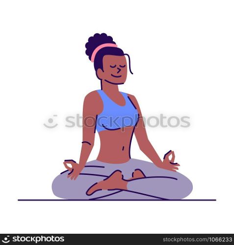 Girl sitting in lotus position flat vector illustration. Yoga class. Stress management. Young african american woman meditating isolated cartoon character with outline elements on white background