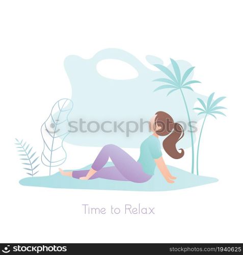 Girl sitting in nature,female character profile view, park or beach with palm trees on background,time to relax,travel banner,vector illustration in trendy style