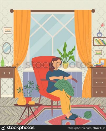 Girl sitting near window in red armchair and knitting. Living room interior. Sweet home concept. Indoor leisure activity, relaxing hobby vector illustration. Girl Sitting in Armchair and Knitting Vector Image