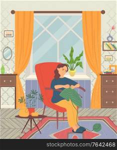 Girl sitting near window in red armchair and knitting. Living room interior. Sweet home concept. Indoor leisure activity, relaxing hobby vector illustration. Girl Sitting in Armchair and Knitting Vector Image