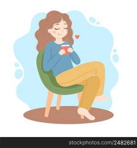 Girl sitting on a chair with a cup of tea, vector illustration
