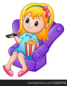 Girl sitting on a sofa watching a movie and eating popcorn