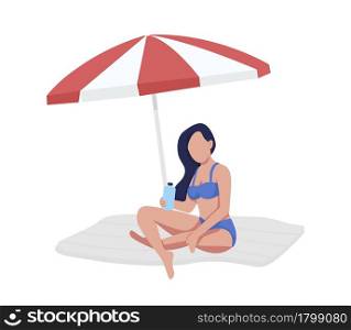 Girl sitting on beach under umbrella semi flat color vector character. Full body person on white. Protect skin from sunlight isolated modern cartoon style illustration for graphic design and animation. Girl sitting on beach under umbrella semi flat color vector character