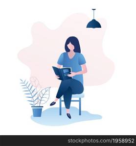 Girl sitting on chair and read book or magazine,female character learning,trendy style vector illustration