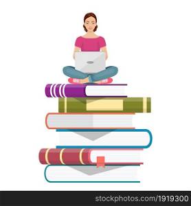Girl sitting on pile of books with laptop. Concept illustration of online courses, distance studying, self education, digital library. Vector illustration in flat style. Girl sitting on pile of books with laptop