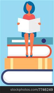 Girl sitting on pile of books with open book in her hands. Concept of e-learning, distance studying and self education. Young woman student, teenager read books, learning process in library, knowledge. Girl sitting on pile of books with open book in her hands. Distance studying and self education