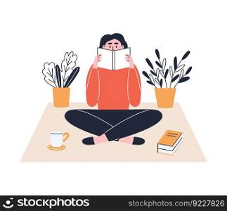Girl sitting on the floor and reading a book. Flat vector illustration isolated on white background.