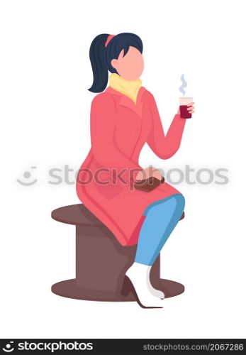 Girl sitting with hot drink semi flat color vector character. Elegant figure. Full body person on white. Lifestyle isolated modern cartoon style illustration for graphic design and animation. Girl sitting with hot drink semi flat color vector character