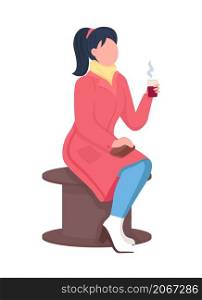 Girl sitting with hot drink semi flat color vector character. Elegant figure. Full body person on white. Lifestyle isolated modern cartoon style illustration for graphic design and animation. Girl sitting with hot drink semi flat color vector character