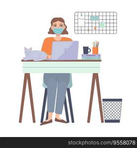 Girl sitting with laptop at home with protective face mask. leisure time at home. Home office, Working at home,freelance, lockdown, remote work,online education,quarantine covid-19 concept.Stock vector illustration in cartoon style isolated on white. Girl sitting with laptop at home with protective face mask. leisure time at home. Home office, Working at home,freelance, lockdown, remote work,online education,quarantine covid-19 concept.Stock vector illustration in flat cartoon style isolated on white background.