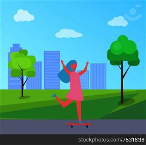 Girl skateboarding vector illustration of skyscrapers and green trees. Child in dress having fun riding on skateboard, playing outdoor in city park. Girl Skateboarding Vector Skyscrapers and Trees