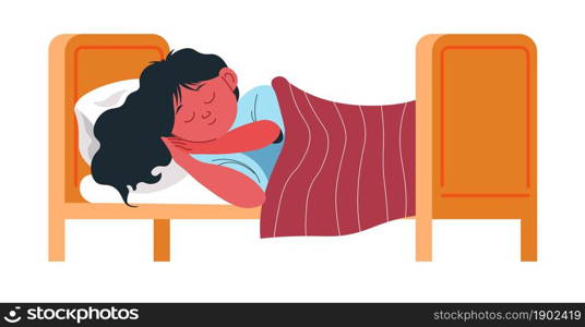 Girl sleeping in bed covered with blanket. Isolated small kid laying on sofa in bedroom. Nap time, female character resting in kindergarten or house. Relaxing preschooler. Vector in flat style. Small child sleeping in bed, napping kid at home