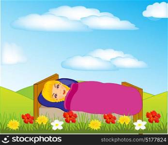 Girl sleeps on nature. Girl sleeps on bed in the middle glade with flower