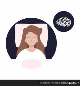 Girl sleeps well and dreams. Woman is lying in bed. Vector character in cartoon style.