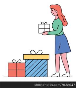 Girl stand and hold white vector package in hands. Lady bought gifts and greet with holiday. Woman standing near big boxes with presents inside and tied by ribbon. Person in blouse and skirt. Girl Stand and Hold Box with Gift Inside, Greeting