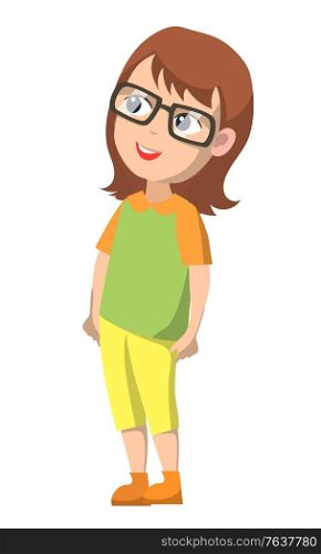 Girl standing alone and smiling. Kid with brown hair and blue eyes. Child stand in green shirt or shirt and yellow pants. Person in glasses isolated on white background. Vector illustration flat style. Girl Stand and Smile, Child Isolated on White