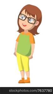 Girl standing alone and smiling. Kid with brown hair and blue eyes. Child stand in green shirt or shirt and yellow pants. Person in glasses isolated on white background. Vector illustration flat style. Girl Stand and Smile, Child Isolated on White