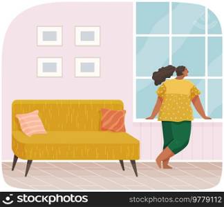 Girl standing next to windowsill and looking at moon outside window. Female character spends time at home at night. Child in children’s room looks at sky. Stylish interior of room for kids. Girl is standing next to windowsill and looking at moon outside window in children’s room