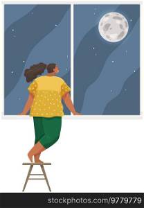 Girl standing next to windowsill and looking at moon outside window. Female character spends time at home at night. Child in children s room looks at sky, stars. Stylish interior of room for kids. Girl is standing next to windowsill and looking at moon outside window in children s room