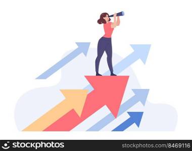 Girl standing on growing arrows and looking through binoculars. Woman searching for opportunity or job flat vector illustration. Business strategy, goal, pathway, career concept