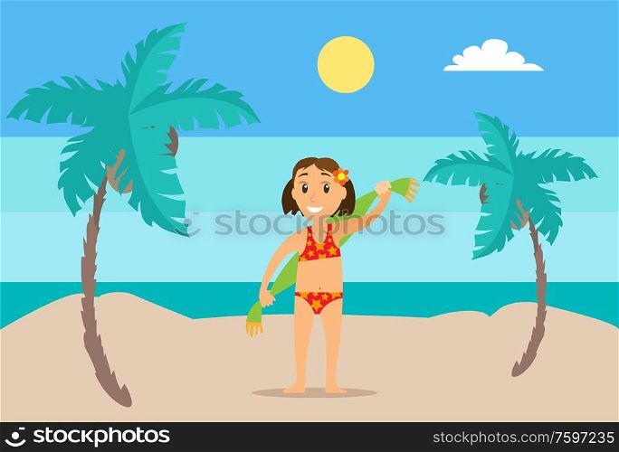 Girl standing on sand in swimsuit holding towel on back, mountain landscape and sunny weather, palm trees vector. Female teenager dry or wipe herself. Girl with Towel on Sand, Mountain Landscape Vector