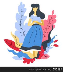 Girl standing with folded hands woman and plants isolated abstract icon vector femininity and nature harmony and health beauty and body care female character, in long skirt and bush flower and leaves.. Woman and plants girl standing with folded hands isolated abstract icon