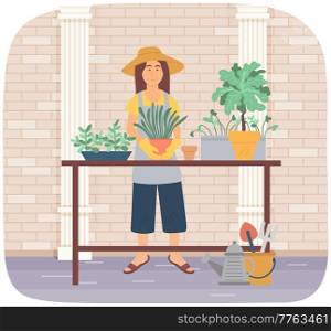 Girl stands with plant in her hands. Woman replanting flowers and trees. Gardener works with plants. Caring for nature and environment. Female character cares about ecology vector illustration. Girl stands with plant in her hands. Woman replanting flowers and trees. Gardener works with plants
