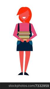 Girl student in green skirt with pile of books in hands and rucksack at back vector illustration female character in cartoon style isolated on white. Girl Student in Green Skirt with Pile of Books