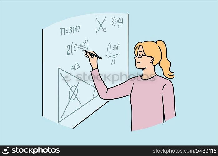 Girl student of mathematical school writes formulas on blackboard, solving complex equations at algebra olympiad. Young woman is fond of mathematics and study at university or college for education. Girl student of mathematical school writes formulas on blackboard, solving complex equations