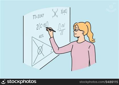 Girl student of mathematical school writes formulas on blackboard, solving complex equations at algebra olympiad. Young woman is fond of mathematics and study at university or college for education. Girl student of mathematical school writes formulas on blackboard, solving complex equations