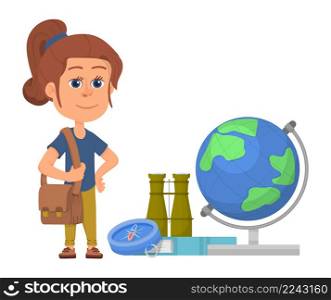 Girl studying geography concept. Child with navigation tools. Vector illustration. Girl studying geography concept. Child with navigation tools