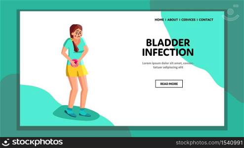 Girl Suffering Bladder Infection Disease Vector. Young Woman Holding Hands On Body And Suffer Bladder Infection Painful. Character With Medical Health Problem Web Flat Cartoon Illustration. Girl Suffering Bladder Infection Disease Vector