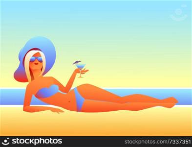 Girl sunbathes on beach. Beautiful tanned blond woman with cocktail.. Girl sunbathes on beach.