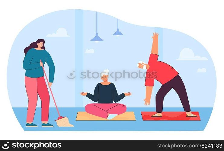 Girl sweeping in gym flat vector illustration. Cleaning woman working while elderly couple exercising or doing yoga. Cleaning service, occupation concept for banner, website design or landing web page