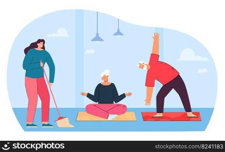 Girl sweeping in gym flat vector illustration. Cleaning woman working while elderly couple exercising or doing yoga. Cleaning service, occupation concept for banner, website design or landing web page