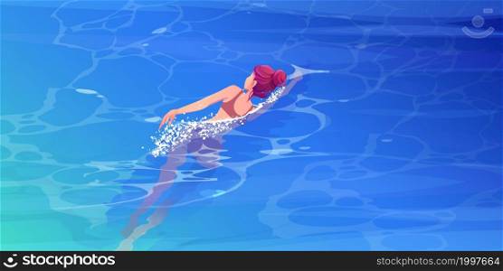 Girl swims in sea water top view. Concept of summer resort on ocean beach, water sports and leisure activity. Vector cartoon illustration of woman in bikini in swimming pool or lake. Girl swims in sea, ocean or pool top view