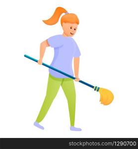 Girl take cleaning mop icon. Cartoon of girl take cleaning mop vector icon for web design isolated on white background. Girl take cleaning mop icon, cartoon style