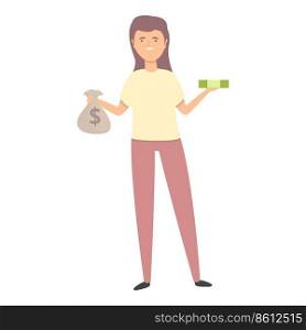 Girl take money bag icon cartoon vector. Kid finance. Future save. Girl take money bag icon cartoon vector. Kid finance