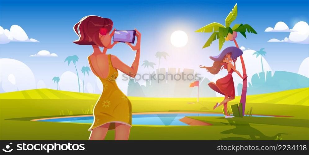Girl take photo of friend on golf course. Vector cartoon illustration of summer tropical landscape with sport field, pond, palm trees and women posing and photographing on mobile phone camera. Girl take photo of woman on golf course
