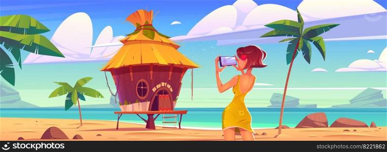 Girl take photo of landscape with bungalow, sea and palm trees. Vector cartoon illustration of woman photographs ocean beach with resort wooden house on mobile phone camera. Girl take photo of bungalow and sea
