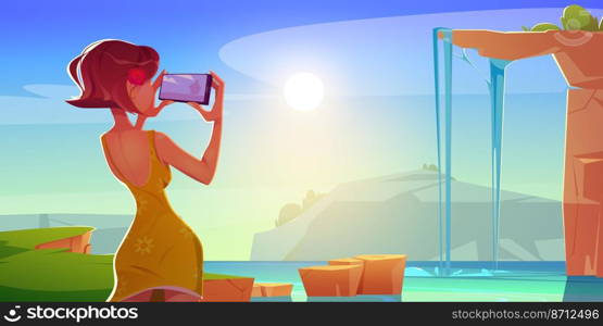 Girl take photo of waterfall on mobile phone camera. Vector cartoon illustration of women photographing summer landscape with mountains, water falling off ledge, lake and green grass. Girl take photo of waterfall on phone camera