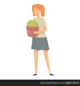 Girl take plant pot icon cartoon vector. Child park. Nature farm. Girl take plant pot icon cartoon vector. Child park