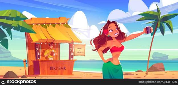 Girl take selfie on background of tiki bar and sea landscape. Vector cartoon illustration of woman taking self photo on phone camera on ocean beach with wooden cafe with bartender. Girl take selfie on background of tiki bar and sea