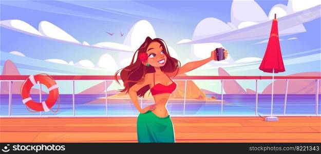 Girl take selfie on phone camera on cruise ship deck. Vector cartoon illustration of beautiful woman in swimsuit taking self photo on smartphone on background of sea. Girl take selfie on phone camera on ship deck
