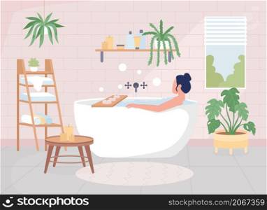 Girl taking bath flat color vector illustration. Woman sitting in bathtub with bubble water for relaxation. Hygge lifestyle. Person in comfortable tub 2D cartoon characters with interior on background. Girl taking bath flat color vector illustration
