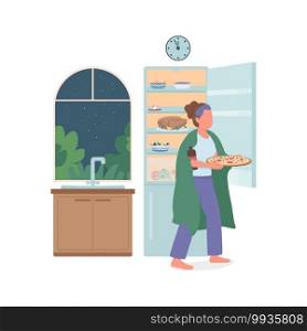 Girl taking food from fridge at night flat color vector faceless character. Unhealthy lifestyle. Bad habit. Overeating problem isolated cartoon illustration for web graphic design and animation. Girl taking food from fridge at night flat color vector faceless character