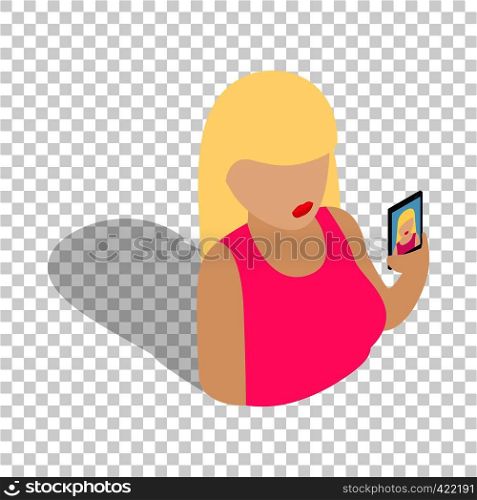 Girl taking self photo isometric icon 3d on a transparent background vector illustration. Girl taking self photo isometric icon